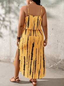SHEIN LUNE Plus Size Tie-Dye Waist Slit Camisole Dress, Skin-Friendly - Yellow - View 2