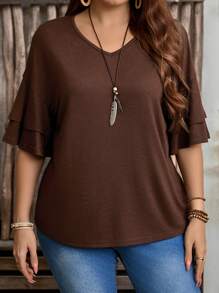 EMERY ROSE Plus Size V-Neck Ruffle Sleeve Simple T-Shirt,Women Brown Summer Smart Casual Hiking Top,Country Fashionable Everyday Wear,Vacation Woman Spring - Coffee Brown - View 5
