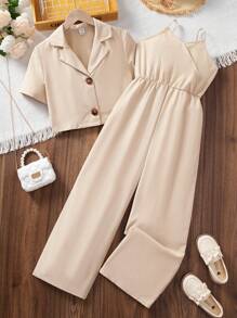 SHEIN Conjunto de niña preadolescente con top de manga corta de unicolor y elegante y mono de tirantes tipo spaghetti