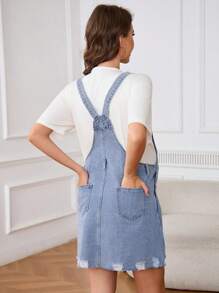 SHEIN Maternity Wide Strap Button Pocket Simple Short Denim Dress - Light Wash - View 2