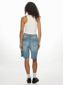 MISSGUIDED High Rise Distressed Knee Length Bermuda Denim Shorts Ripped Raw Hem Summer Casual Street Style Y2K Fashion - Blue - View 2