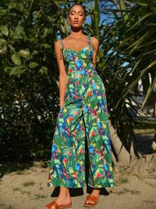 Travachic 女士热带印花阔腿连体裤，非常适合度假，女士夏季服装，热带度假女士服装 - 綠色 - 查看 3