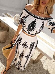 SHEIN VCAY 女士露肩系带袖蝴蝶结下摆收腰交叉褶皱阔腿裤度假衬衫和裤子套装 - 杏色 - 查看 4