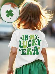 SHEIN Dziewczęca koszulka z nadrukiem w kolorze ombre green, z nadrukiem sloganu, w stylu basic casual