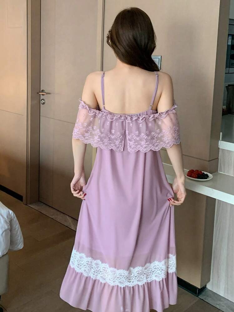 Romantic Patchwork Waist Exposed Shoulder Women Nightgown Pajama