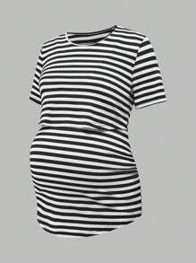 SHEIN 3pcs Maternity Striped Short Sleeve T-Shirt Set, Summer - Black and White - View 9
