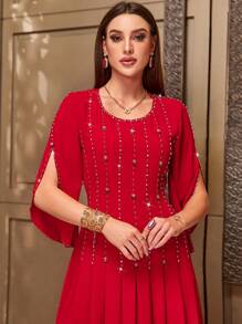 Modelyn Vestido de manga larga con decoración de tulipanes, cintura ceñida y cuentas, apto para fiestas, Ramadán y Eid Al-Fitr