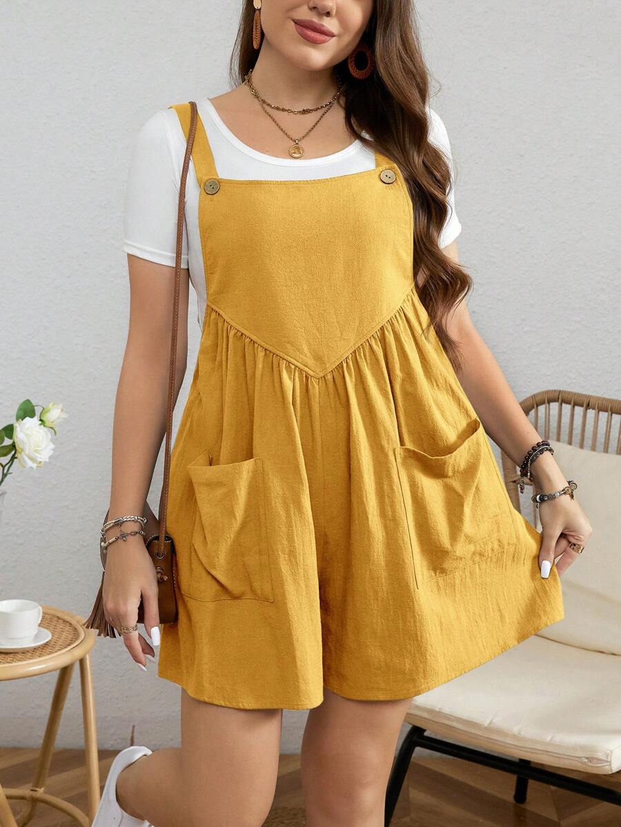 SHEIN LUNE Plus Size Solid Color Wide Strap Button Pocket Casual Jumpsuit - Ginger - View 1