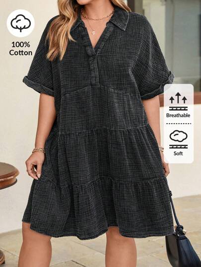 SHEIN LUNE SHEINLUNE 女士加大码 100% 纯棉水洗 V 领休闲连衣裙、女士夏季连衣裙、女士教师服装、狂欢节服装、女士西部服装、波西米亚风、嬉皮士风、女牛仔装、波西米亚风、女士夏季服装、女士街头服装 夏季波西米亚风复古风女士夏季服装 春假狂欢节服装 春假服装