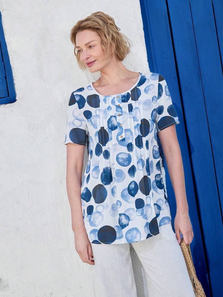 Women's Geometric Print Round Neck Short Sleeve Button Design Shirt