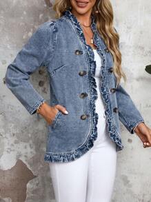 EMERY ROSE 女士长袖荷叶边双排扣牛仔外套，秋季 - 淺色水洗藍 - 查看 6