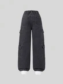 SHEIN Tween Girls' Y2K Streetwear Style Multi-Pocket Drawstring Waist Faded Light Blue Cargo Denim Jeans - Black - View 2