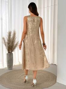 SHEIN LUNE Tunic Women Dresses Sequin Champagne Color Women's Long Dress With Pockets, Metallic Fabric - Champagne - View 5