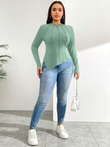 SHEIN Essnce Plus Size Asymmetrical Hem Long Sleeve Mock Neck Fitted T-Shirt - Mint Green - View 3
