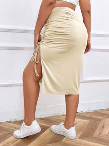 SHEIN Essnce Plus Size Women Solid Color Pleated Side Slit Skirt - Khaki - View 2