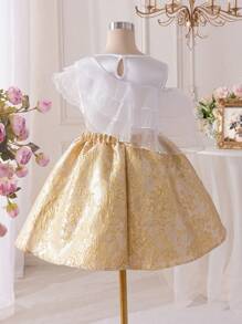 SHEIN Glamorique Kids Elegant Girl's Jacquard Midi Skirt Set With Satin Sleeveless Top, Suitable For Daily, Party, Event Wear To Show Graceful Lady-Like Charm, Summer