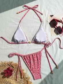 SHEIN Swim Ditsy Floral Beaded Halter Tie Side Bikini Set, 2Pcs Women Swimwear For Beach, Hot Springs Holiday, Slimming, For Summer Vacation - Multicolor - View 6