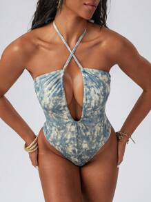 Swim EVENT Women's Summer Sexy Music Festival Beach Tie-Dye Printed Cross Strap Ruched One-Piece Swimsuit - Multicolor - View 1