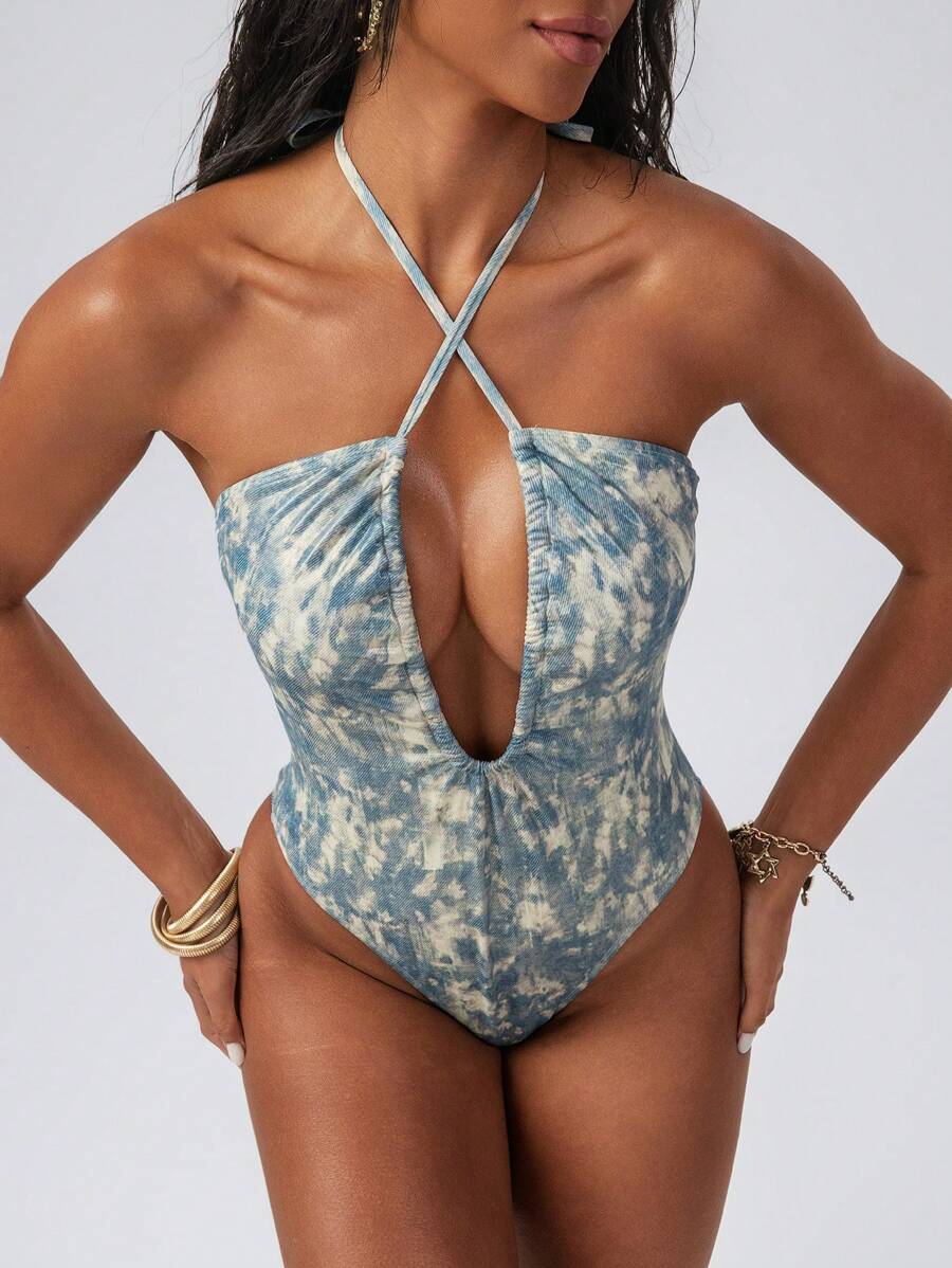 Swim EVENT Women's Summer Sexy Music Festival Beach Tie-Dye Printed Cross Strap Ruched One-Piece Swimsuit - Multicolor - View 1