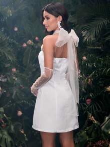 Coutiva Váy cocktail hở lưng thắt nơ lưới mỏng thanh lịch kiểu Pháp, Đầm dự tiệc thời trang xuân hè cho nữ, Đầm dự tiệc cưới ngày lễ của người nổi tiếng, Đầm dự tiệc cưới thời trang, Đầm dạ hội - trắng - Xem 2