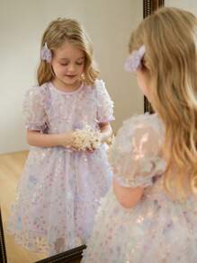 SHEIN 少女新品圆领短袖立体蝴蝶网纱收腰连衣裙适合正式场合穿着舒适时尚优雅甜美可爱如公主裙 - 彩色 - 查看 7