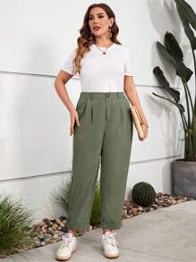 SHEIN LUNE Plus High Summer Pants Waist Plicated Detail Pants Western Wear Women Festival Boho Hippie Cowgirl Old Money Bohemian - Olive Green - View 5
