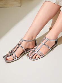 CUCCOO CHICEST Women's Fashion Silver Flat Square Toe Versatile Beach Shoes, Strap Flat Sandals - Silver - View 1