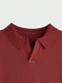 AKNOTIC Business Casual 男式纯色 Polo 领短袖休闲针织上衣，学校风 - 紅色 - 查看 3