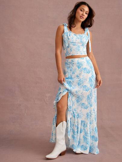 WESTFADE 春夏花卉印花荷叶边开衩长裙节日