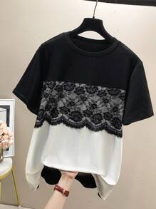 Lacomfia Plus Size Jednolity Kolor Patchwork Okrągły Dekolt Krótki Rękaw Prosty Casualowy T-shirt