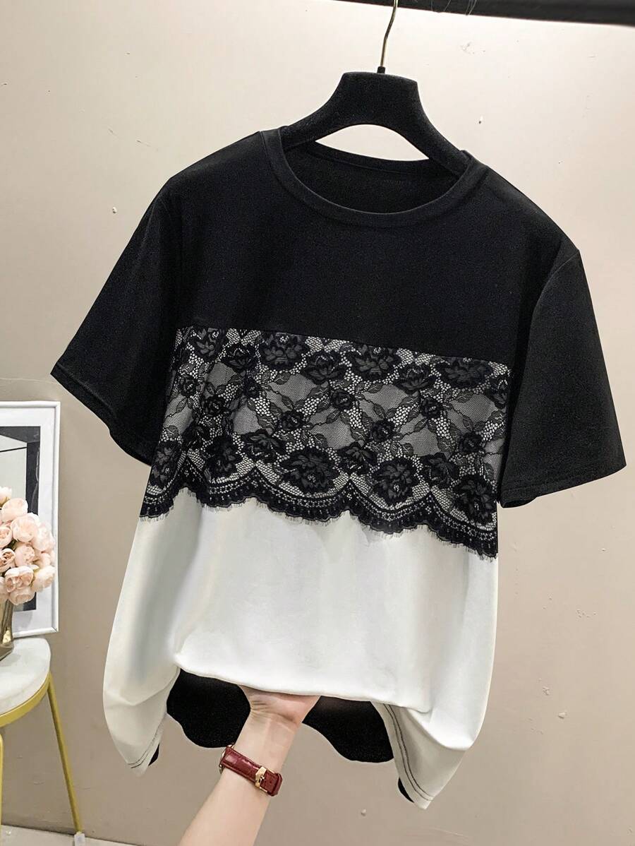 Lacomfia Plus Size Jednolity Kolor Patchwork Okrągły Dekolt Krótki Rękaw Prosty Casualowy T-shirt