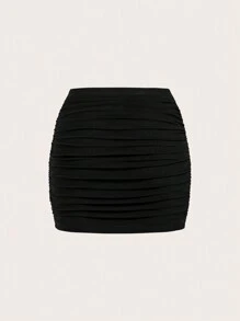 SHEIN EZwear 女式黑色网眼松紧腰褶皱迷你裙 - 黑色 - 查看 7