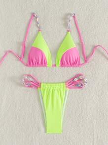 Swim Mod 1 Set Women Color Block Bikini Top And Bottom Swimwear, For Summer Beach Vacation - Multicolor - View 5