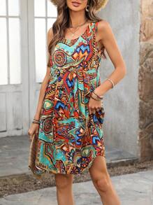 EMERY ROSE 女士无袖休闲节日印花圆领连衣裙 - 彩色 - 查看 3
