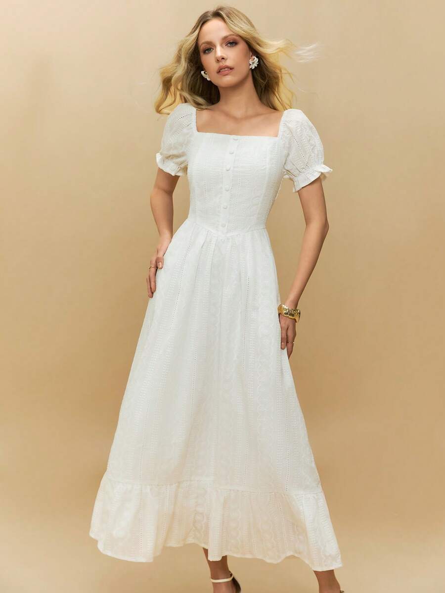 Poéselle 白色连衣裙、刺绣连衣裙、正式连衣裙、婚纱、泡泡袖设计、夏季女装、婚礼季、沙滩女装、夏季女装、女士方领泡泡袖纯色连衣裙、优雅、波西米亚风、适合日常、街头、度假、通勤等场合穿着 - 白色 - 查看 1