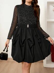 SHEIN Frenchy Women's Plus Size Sparkling Mesh Long Sleeve Ruffle Wrap Dress - Black - View 1