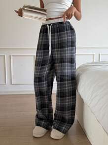 SHEIN EZwear Pantalones largos casuales de estilo sencillo con empalme y cordones en la parte delantera, para uso diario de mujer