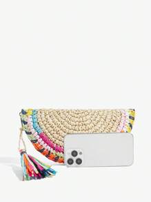 SHEIN SXY Ladies, Women Clutchs, Straw Bag, Colorful Tassels, Fashionable, Elegant, Simple, Personalized, Versatile, For Beach, Vacation, Holiday, Summer, Seaside - Beige - View 6