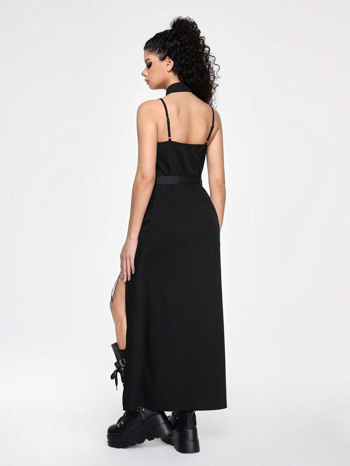 Our Grunge Punk Steampunk Women's Y2K Black Lace-Up Suspenders Removable  Neckline Maxi Dress Ladies Long Dress,Women Dresses,Summer , Summer Outfits  ,Summer Clothes is such a vibe - ROMWE