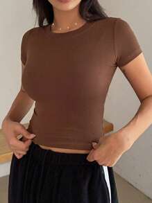 DAZY 女式纯色圆领短袖修身T恤学院风上衣 - 棕色 - 查看 5