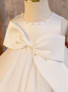 SHEIN Glamorique Kids Baby Girls' Satin Tulle Wedding Party Dress With Bow & Pearl Beaded Floral Applique, Children Party Gown - Beige - View 4