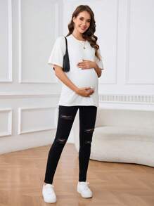 SHEIN Adjustable Waist Maternity Ripped Distressed Skinny Jeans - Black - View 4