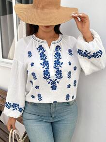 SHEIN CURVE+ Super Plus Size 100% Vacation Embroidered Shirt, Curve Plus, Boho Vacation Beach Outfits For Woman/Beach /Beach Vacation Outfits/Beach Essentials / Graduation/Tea Party  - White - View 8