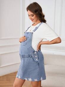 SHEIN Maternity Wide Strap Button Pocket Simple Short Denim Dress - Light Wash - View 3