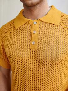 Manfinity CasualKnits Men's Solid Color Front Button Closure Short Sleeve Casual Knit Top - Ginger - View 4