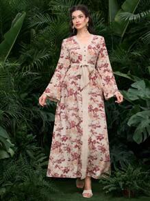 Graceveil 印花长袖收腰阿拉伯风格女式连衣裙 - 杏色 - 查看 5