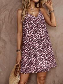 SHEIN LUNE Robe d'été pour femmes à imprimé floral avec bretelles spaghetti - Multicolore - Voir 6