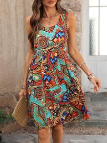 EMERY ROSE 女士无袖休闲节日印花圆领连衣裙 - 彩色 - 查看 5
