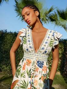 Travachic Women's V-Neck Tropical Floral Print Ruffle Sleeve Casual Vacation Dress,Casual Holiday Wear,Summer Outfits For Women