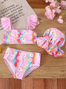 Nuevo conjunto de traje de baño para niña de primavera/verano, con un diseño lindo y dulce. Incluye un sombrero de ala ancha, un diseño de estampado floral de dibujos animados vibrantes para un look adorable y llamativo. Adecuado para diversas actividades de verano, ¡una opción ideal para salidas entre padres e hijos!
